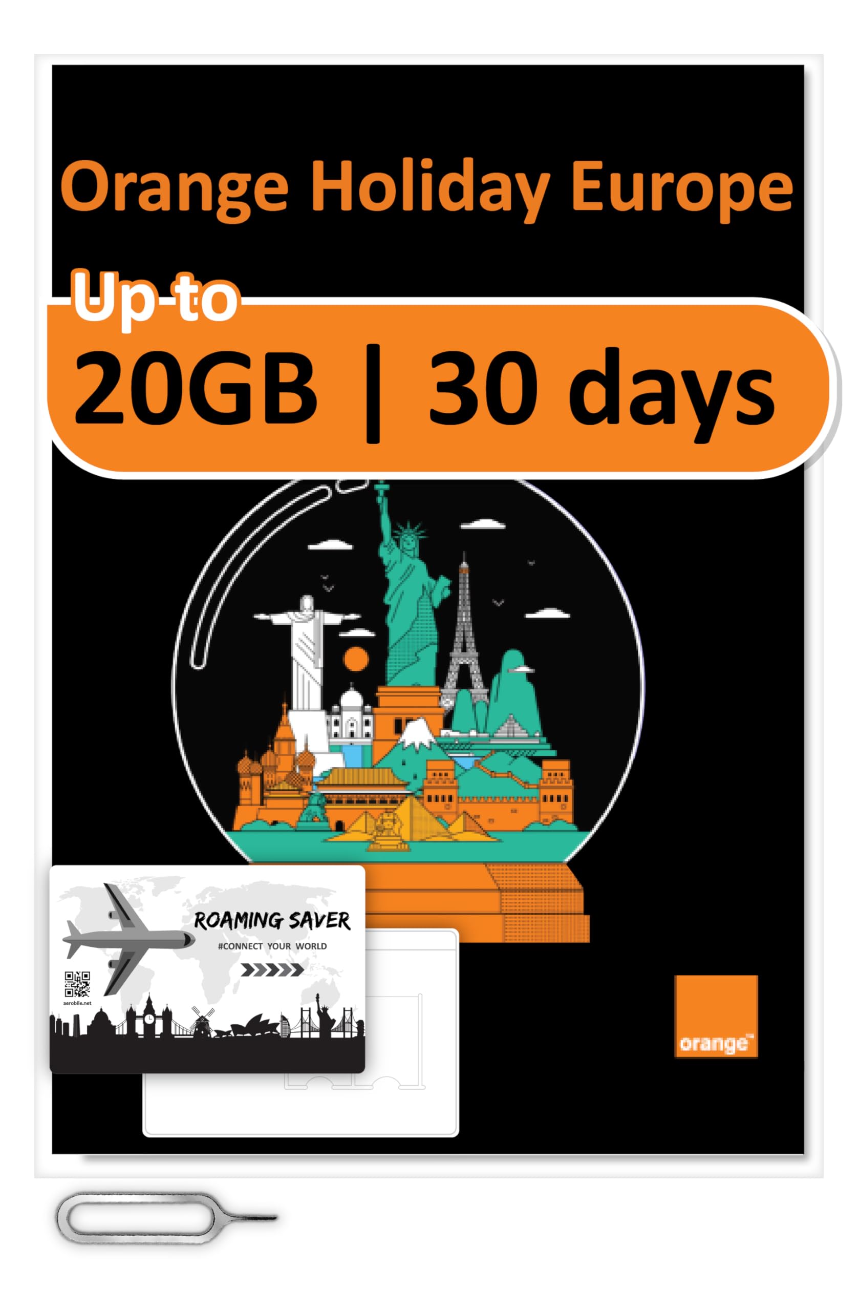 Tarjeta SIM prepago Orange Holiday Worldwide con 20 GB por 30 días en 4G/LTE | Tethering Permitido | Llamadas y SMS | Incluye Soporte SIM + Pin (SIM Internacional, Asia, América, Europa)