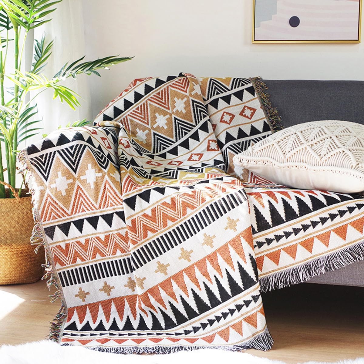 Aztec Navajo Throw Blanket Cotton Woven Blanket with Tassel Tribal Ethnic Style Geometric Pattern Reversible Decorative Throw for Sofa Bed Armchair Multi-Function Tapestry Tablecloth Rug