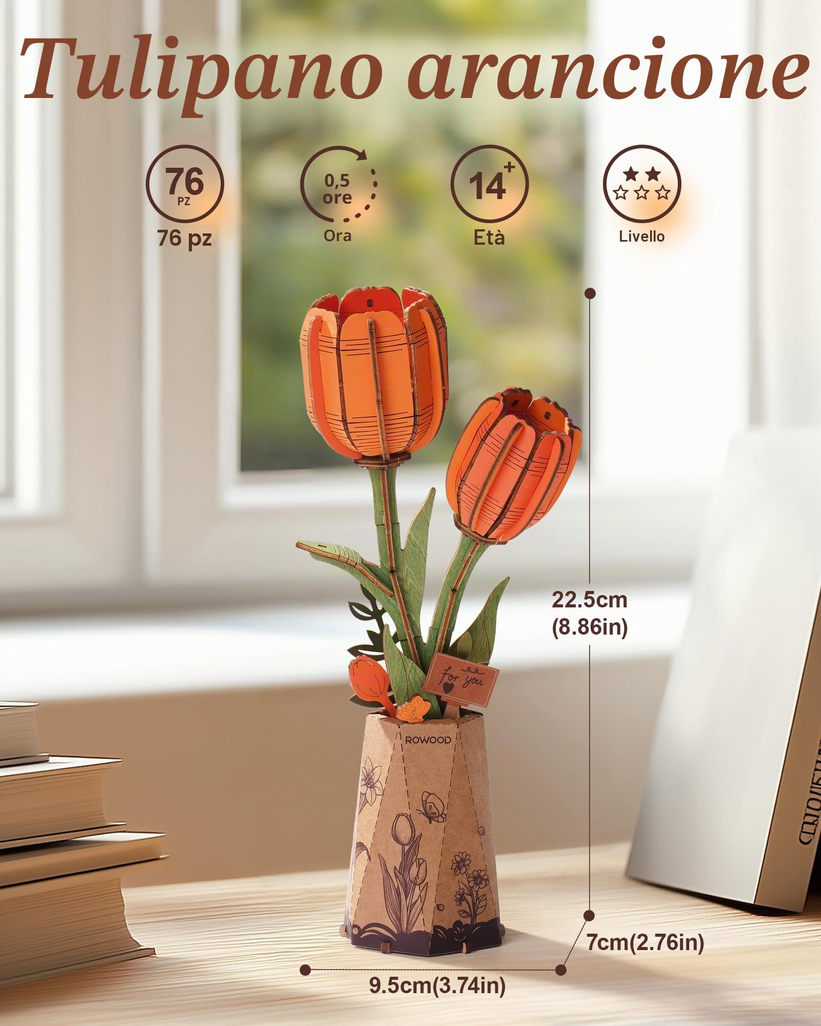 ROWOOD Puzzle in 3D con motivo tulipano, fiore fai da te in legno, kit di modellismo per fiori artificiali, da assemblare, per adulti, splendida decorazione per la casa e regalo per San Valentino