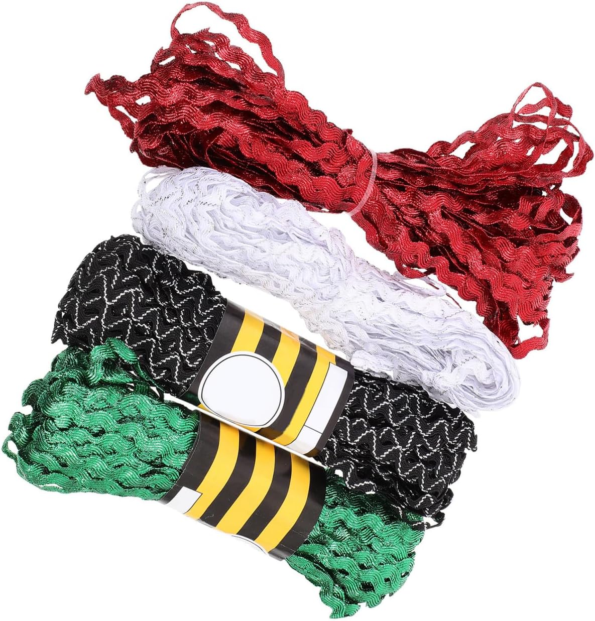 HEMOTON 4 Rolls 5mm Rickrack Sewing Ribbon Trim for DIY Crafting, Bright Red Green White Black-White Wave Edge Ribbon for Clothing Decoration and Flower Making