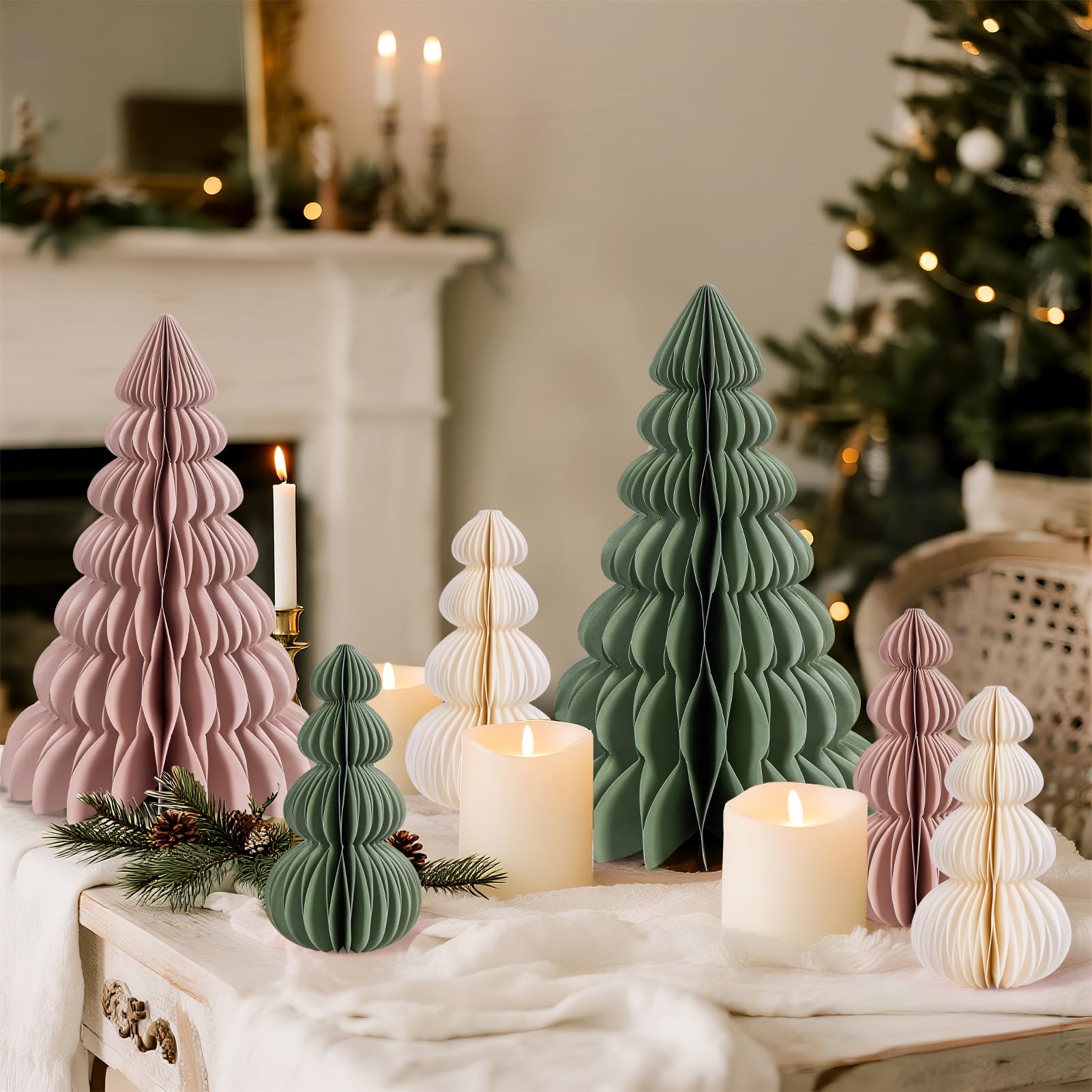 6 Stücke Papier Weihnachtsbaumschmuck Waben Deko Weihnachten Faltbarer Weihnachtsbaum Tischdeko Weihnachten Deko Weihnachten Innen für Esstisch Schrank Fensterbank Kaminsims