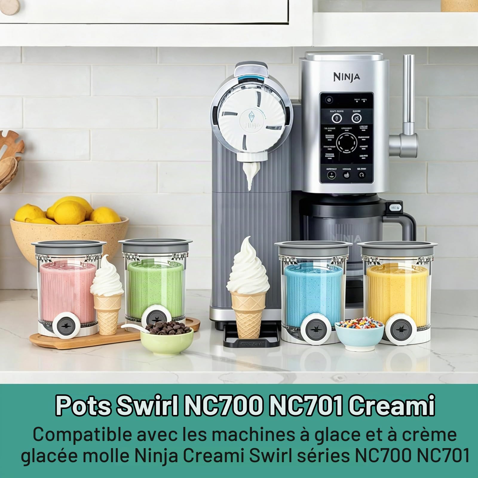Ensemble de 4 récipients compatibles avec la machine à glace Swirl CREAMi, 480 ml, pour les modèles NC700 et NC701EU. Sans BPA, compatibles lave-vaisselle