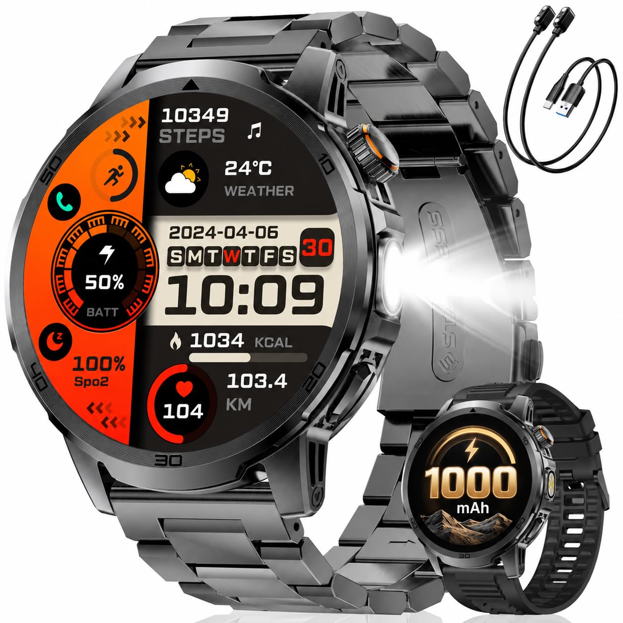 Smartwatch Uomo 1000mAh 1.85" HD con LED Telefono Militare IP68 110+ Sport | Smart watch con display HD, lunga durata della batteria, quadranti personalizzabili, monitoraggio cardiaco e del sonno