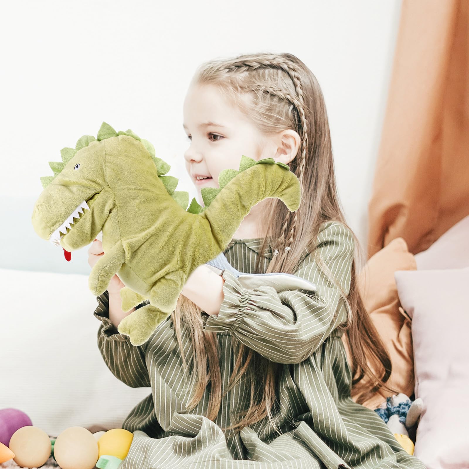 Marioneta de Mano Dinosaurio Verde de Algodón PP para Niños | Juguete Educativo para Educación Temprana y Hogar, Fomenta Creatividad E Imaginación