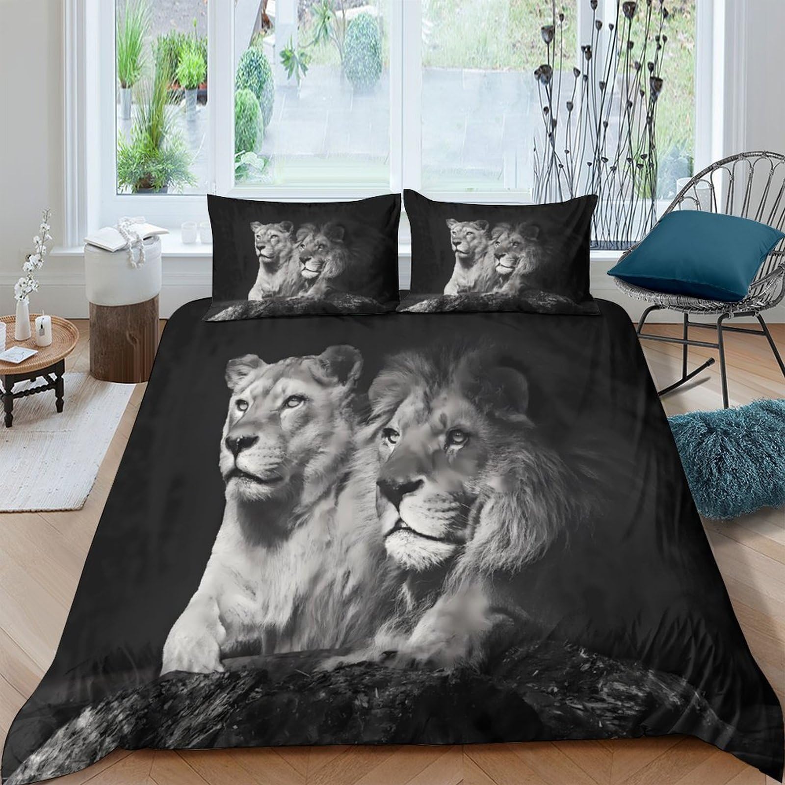 Ctjqhvkz Style-9 3D Printed Lion Couple Fitted Sheet Microfiber Soft Black White Jungle Bed Cover For Bedroom Dorm Mattress Decor Single（135X200cm）