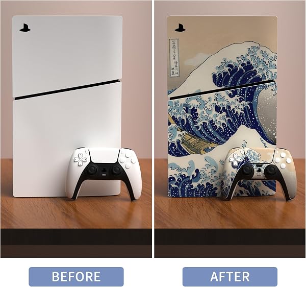 playvital Full Set Skin Sticker for ps5 Slim Console Digital Edition (The New Smaller Design), Vinyl Skin Decal Cover for ps5 Controller & Headset & Charging Station & Media Remote - The Great Wave - 3