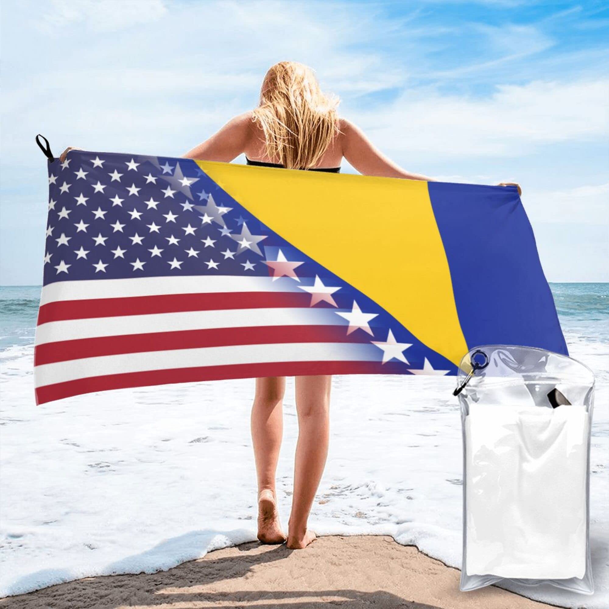 Lsjuee American Flag and Bosnian Flag Microfiber Beach Towel-Quick Dry Oversized Towels Blanket for Travel Pool Camping