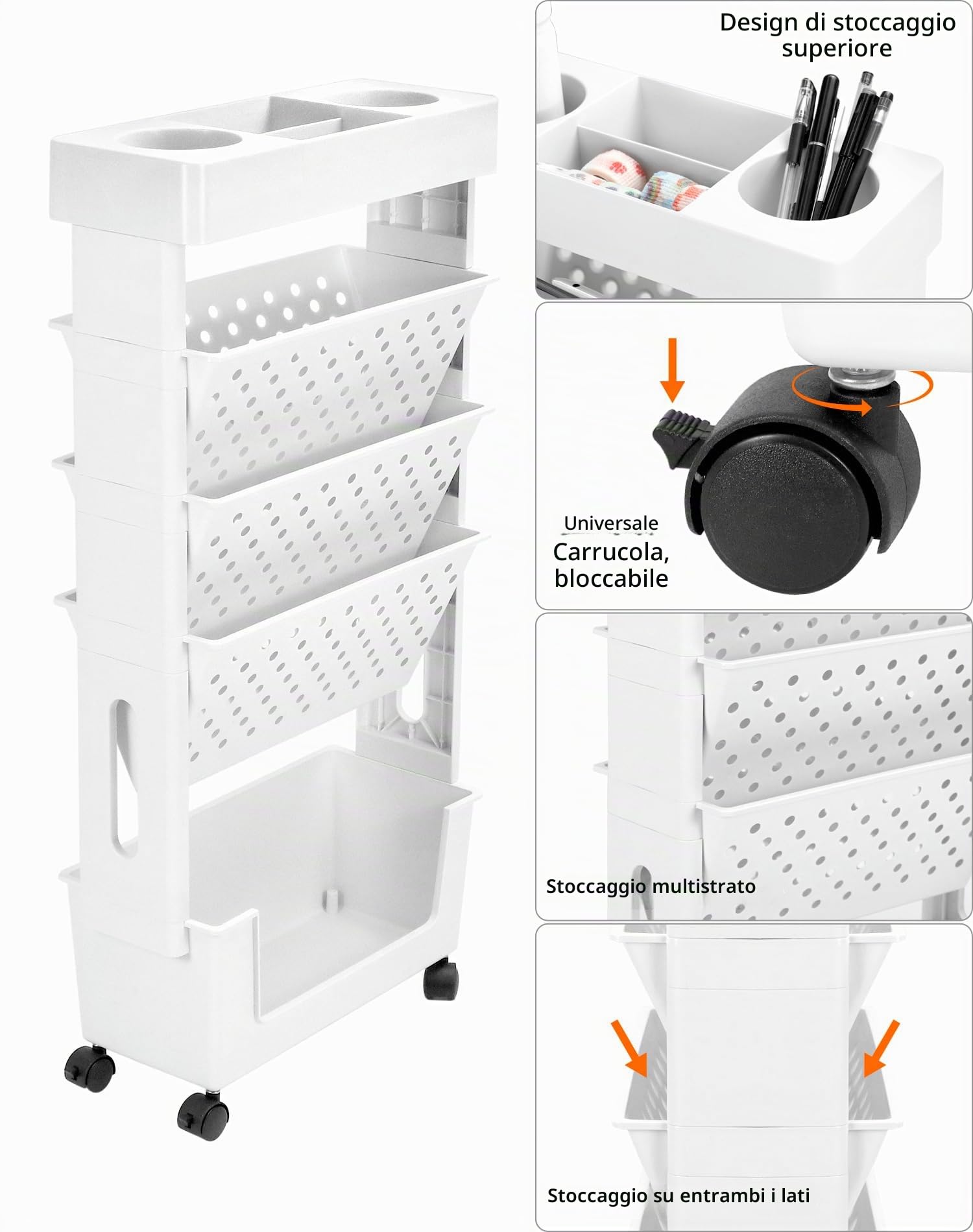 QWORK® Scaffale per libri mobile, bianco, carrello portaoggetti mobile con ruote, ripiano organizzativo multifunzionale