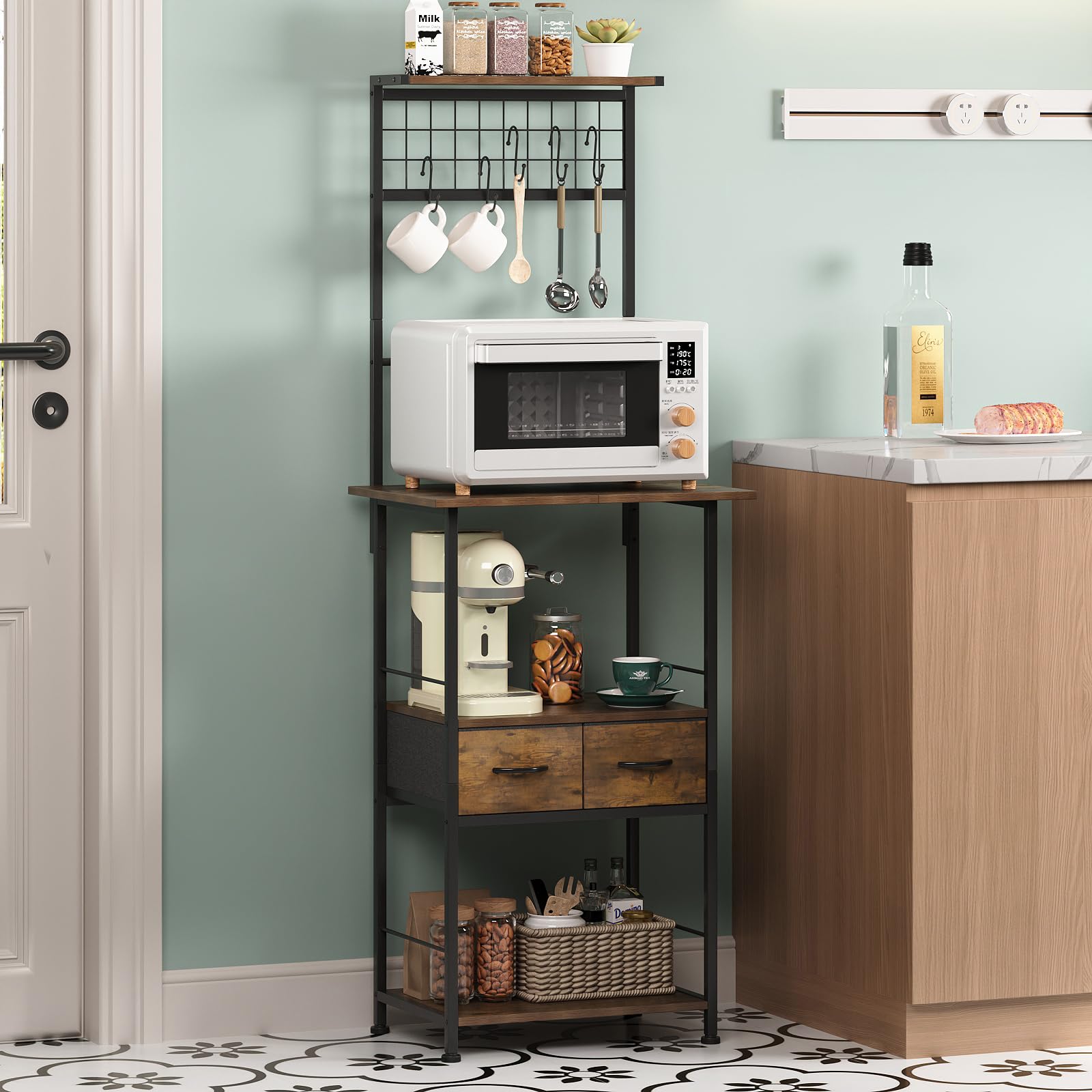 Tohomeor Mensola da Cucina, Scaffalatura a Colonna per Piccola Area Caffè e Panetteria, Stretta con 2 Cassetti in Tessuto e 5 Ganci – Mensola in Stile Country per Cucina, Corridoio o Soggiorno