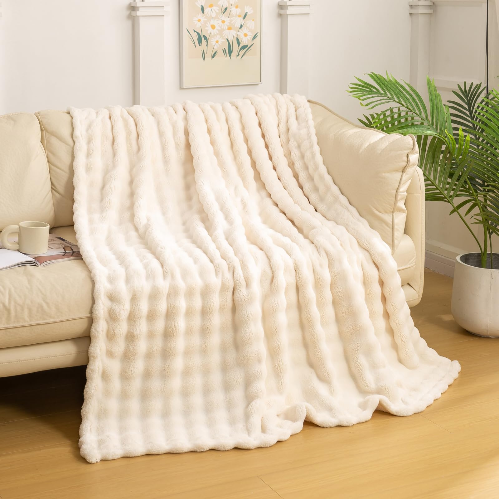 Luxury 3D Bubble Light Weighted Throw Blanket 1.8lb,All Ages,Home Decoration, (Ivory,50 * 60inches)