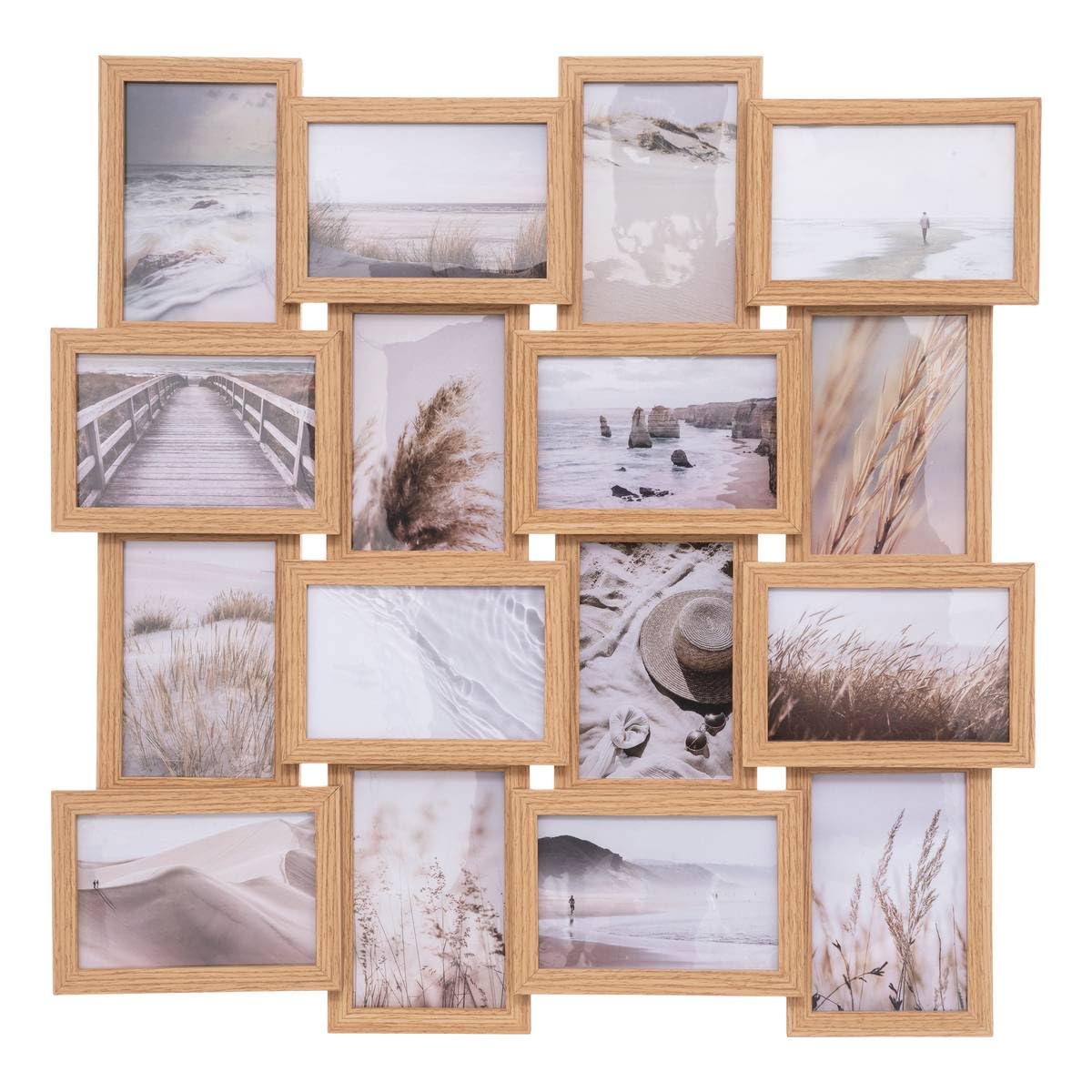 Atmosphera - Cadre Photos Pêle-​Mêle Mural Bois Naturel, 58 x 58 cm, Pour 16 Photos - Décoration Pour Salon, Chambre