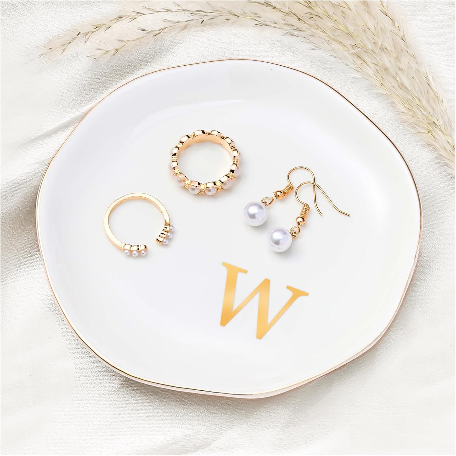 ProCase Ceramic Jewelry Tray, Initial Ring Dish Trinket Plate Engagement Gift, Small Personalized Monogram Ring Bowl for Wedding, White Decorative Jewelry Holder for Women Vanity -Letter W