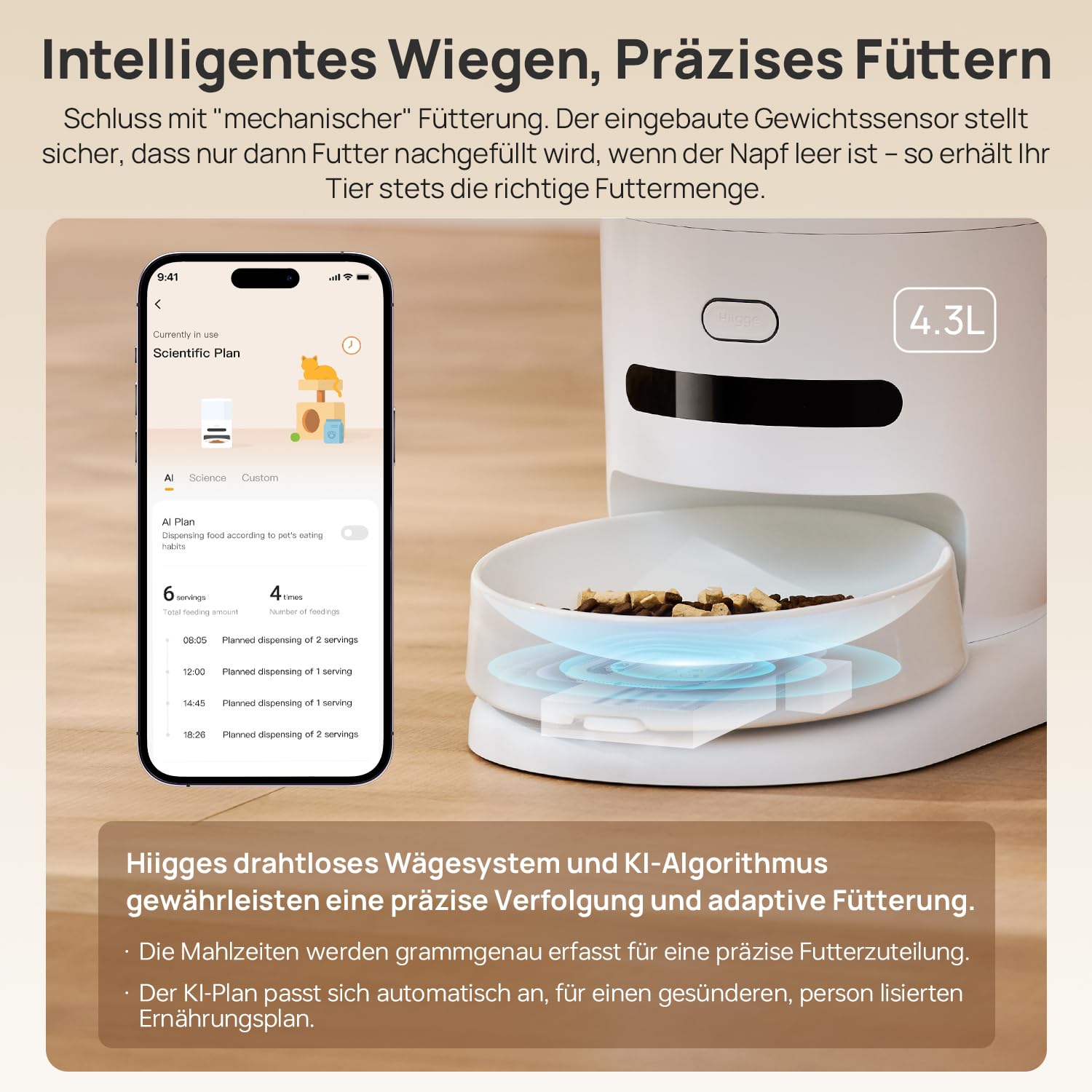Distributore automatico di crocchette per gatti, 2,4 G, Wi-Fi, 4,3 L, distributore automatico di crocchette per cani con app, piano di alimentazione AI,ciotola in ceramica - bianco