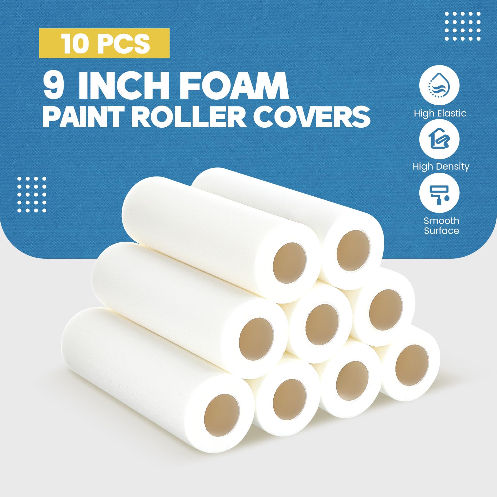 Nuenen 10 rodillos de pintura de espuma de 9 pulgadas, rodillo de pintura de espuma de alta densidad para pintar puertas, casas, armarios, techos, muebles, acabados lisos y uniformes, superficies