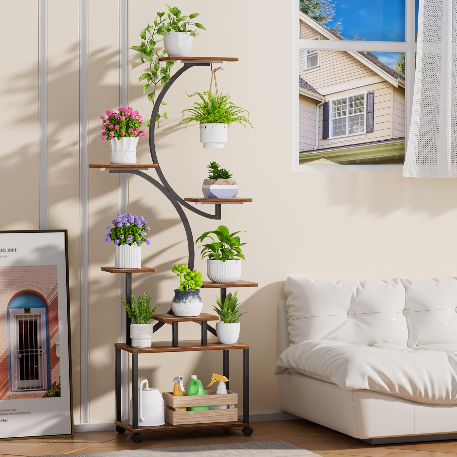 Soporte de planta en forma de árbol de 8 niveles, portaollas interior con 78 luces de cultivo LED, ruedas con cerradura de 360 ° y función de sincronización USB, estante de exhibición marrón