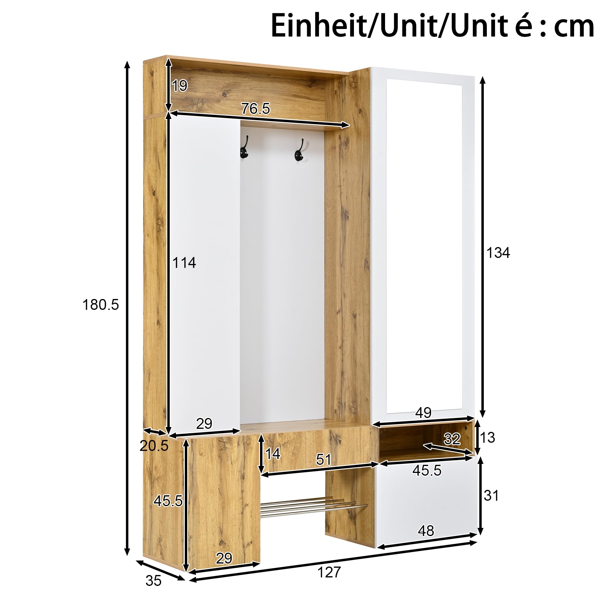Perchero de madera MDF con espejo, color blanco natural