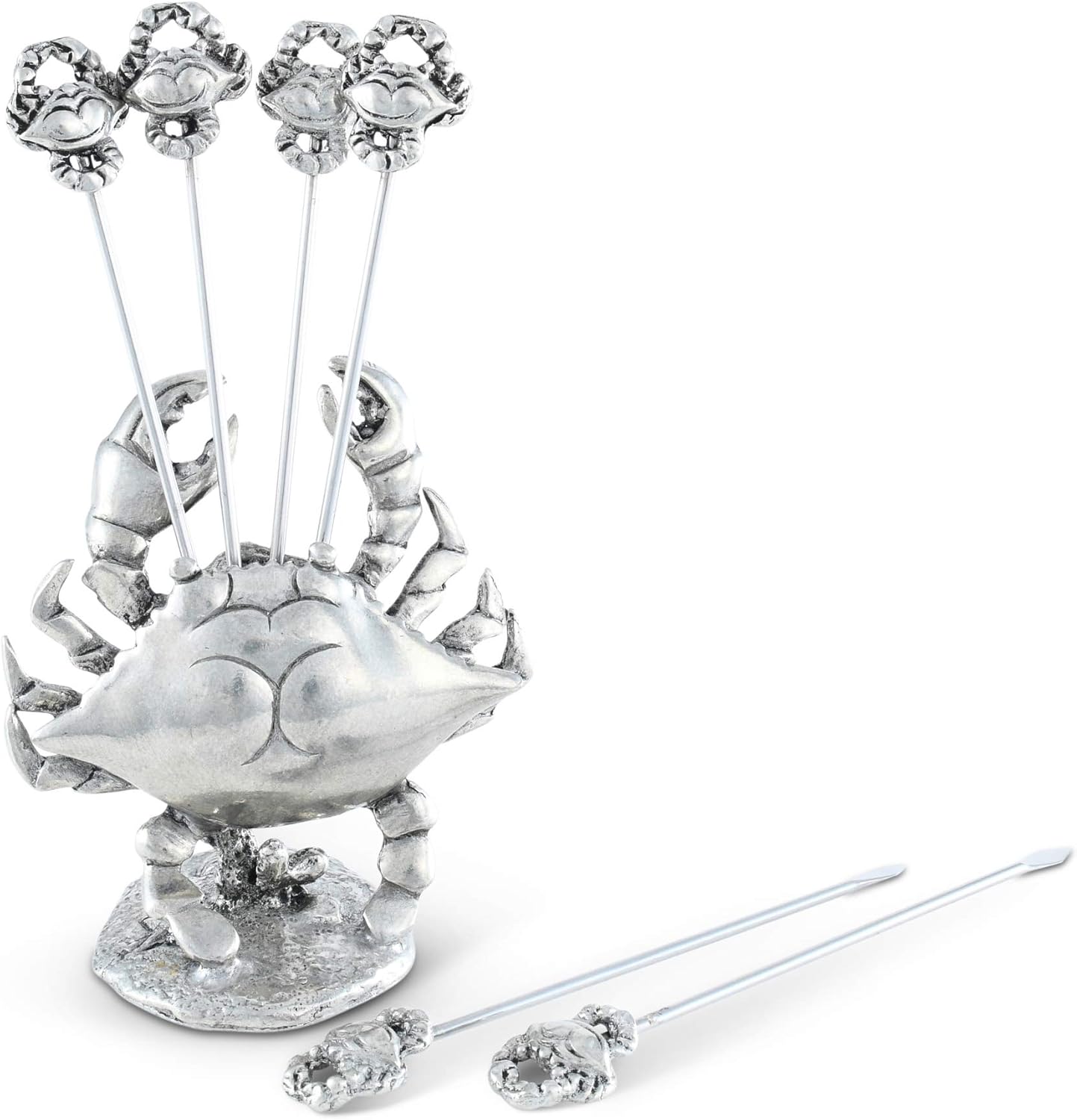 Vagabond House Pewter Metal Nautical/Ocean Blue Crab Cheese Martini Olive Stainless Steel Pick Set Skewer Fruit Toothpicks Ocean Coastal Décor (6 picks) 4 inch Tall