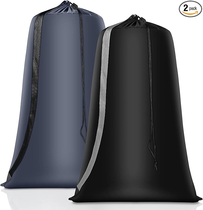 Heavy Duty Laundry Bag 2 Pack XL Nylon Laundry Bags with Straps, Washable Large Dirty Clothes Organizer with Drawstring Closure, Travel Washing Bag Fit a Laundry Hamper or Basket