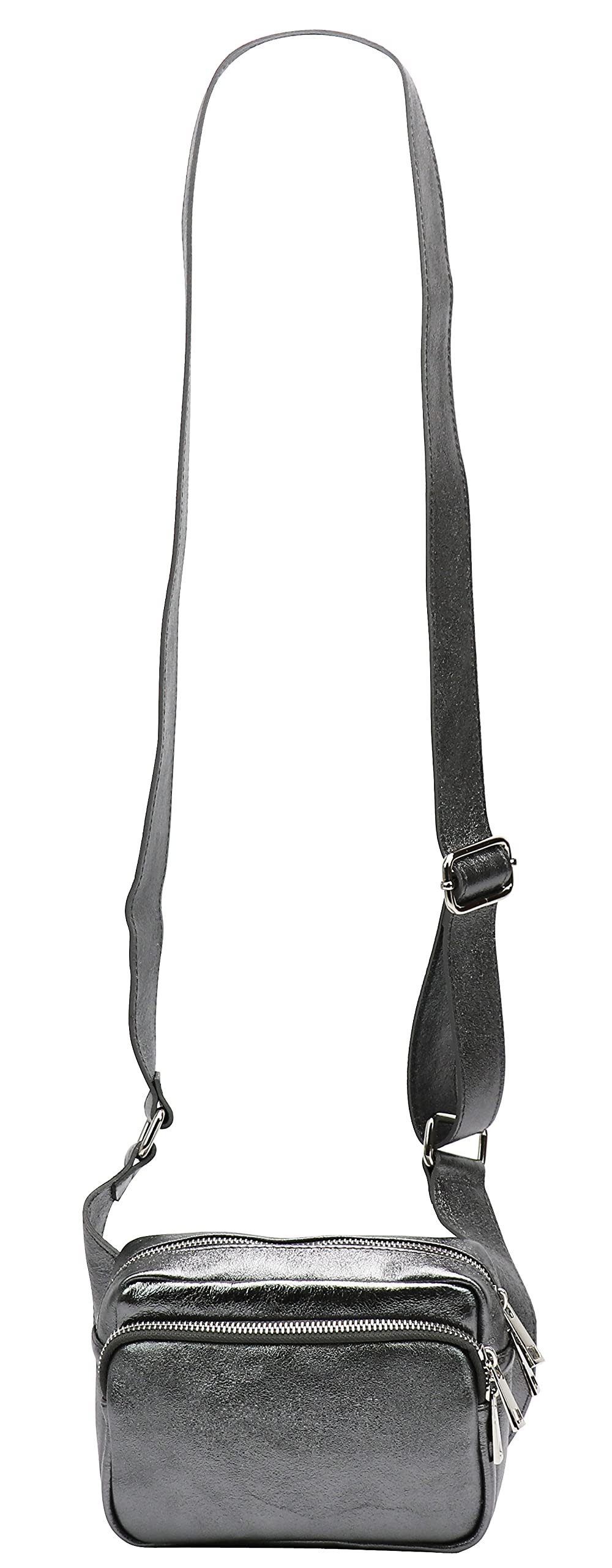 SH Leder Jsoo G412 Torba biodrowa z prawdziwej skóry dla kobiet i mężczyzn, unisex, na pasek, na festiwal, podróż, średnia torba crossbody, damska skórzana torba, 18 x 13 cm, antracytowa, metaliczna