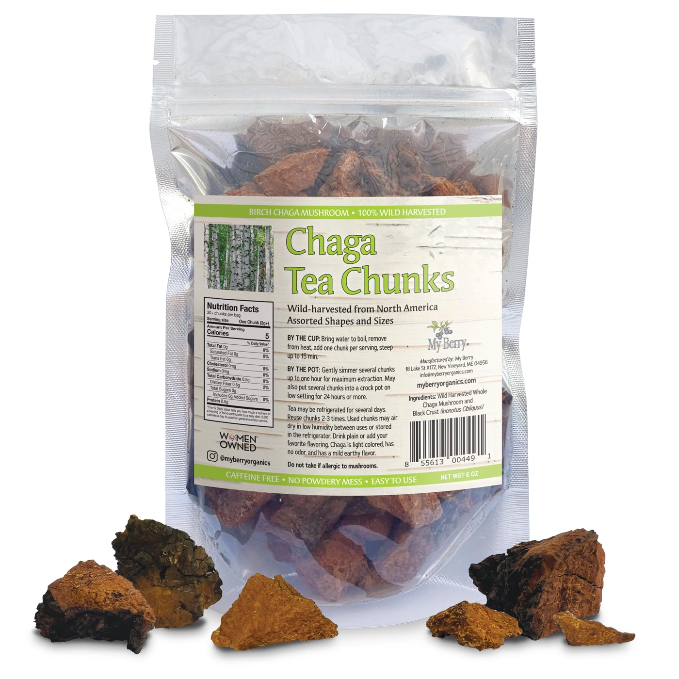 Chaga Mushroom Tea Chunks by My Berry | 6oz | Wild Harvested Mushroom from Atlantic Canadian Forests & Not Imported Overseas | Caffeine Free