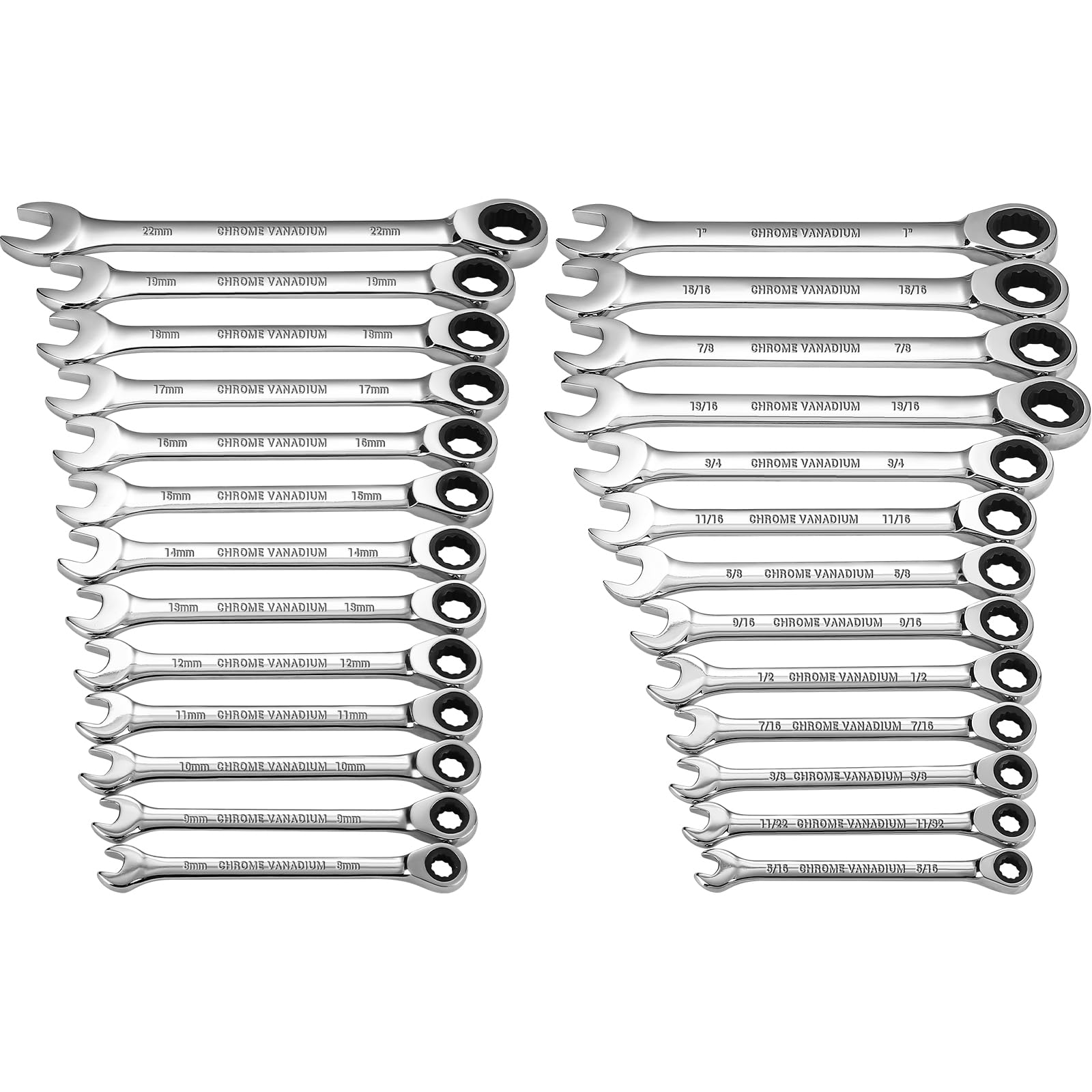 DEKOPRO 26-Piece Ratcheting Combination Wrench Set, Metric 8-22mm & SAE 5/16-1" Chrome Vanadium Steel Ratchet Combination Wrench Sets with Portable Nylon Pouch