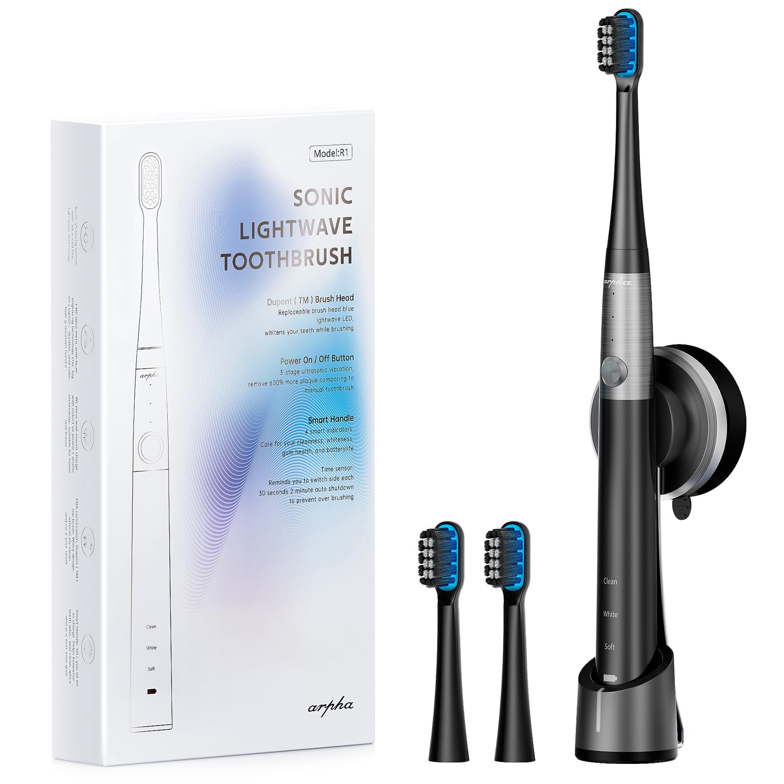 ARPHASonic Electric Toothbrush for Adults, Wireless Fast Charge with Smart Timer, 3 Modes with 2 Brush Heads, 1 Charge for 60 Days