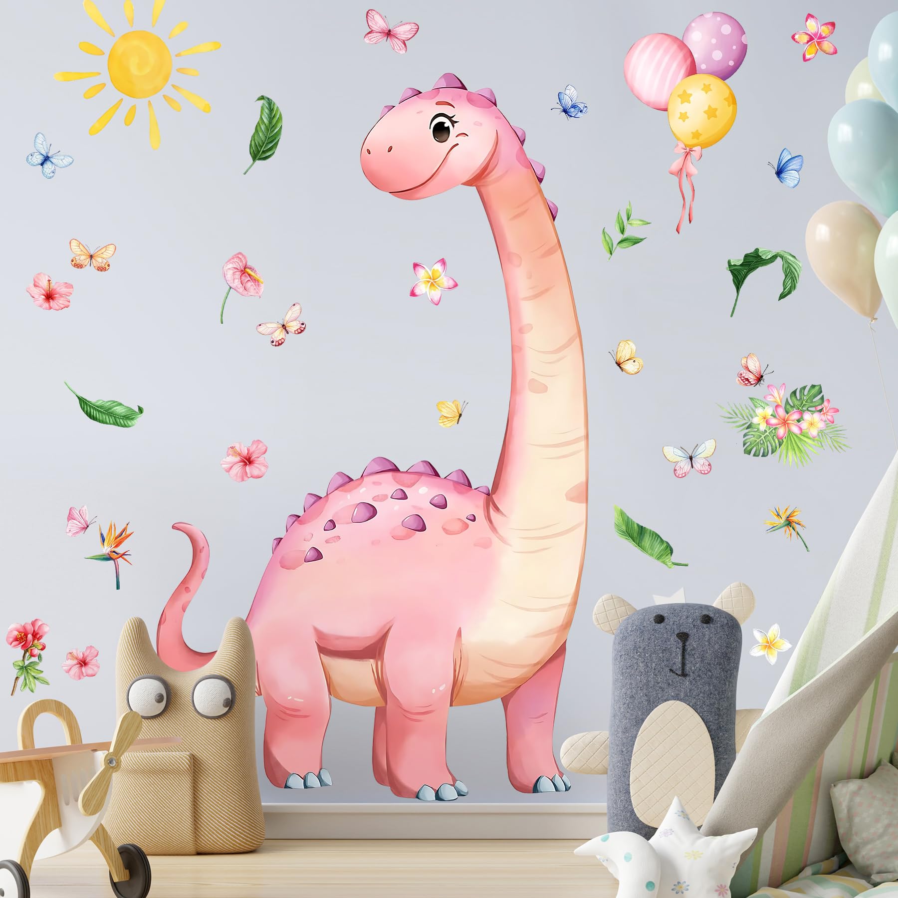 Autocollants muraux dinosaures chambre d'enfant avec fleurs et soleil