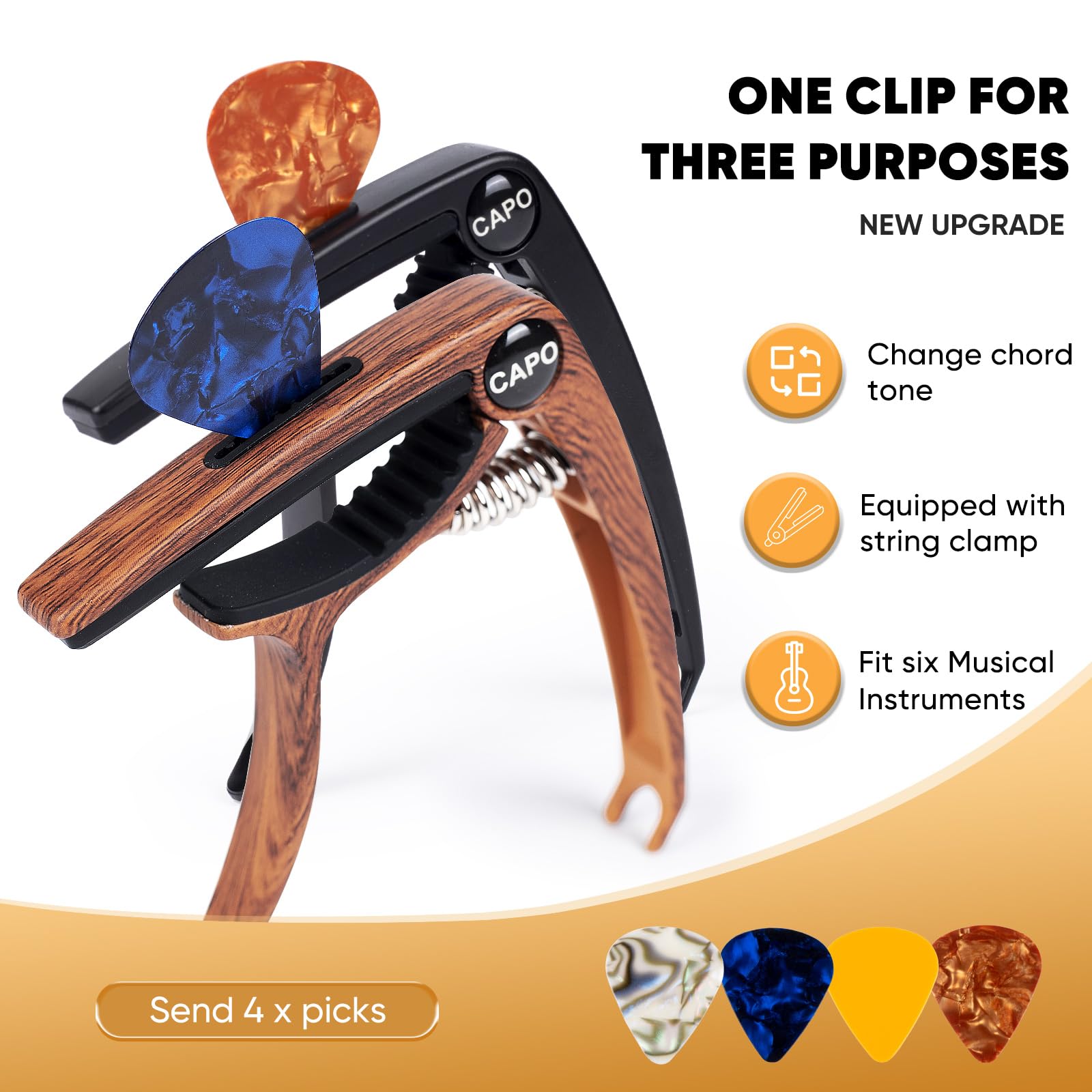 Moom 2-Pack Quick Release 6-String Acoustic Guitar Capo and Guitar Tuner Combo for Electric Guitars, Bass, Ukulele - Buzzing-Free Dual Capos with 4 Premium Picks (Rosewood and Black)