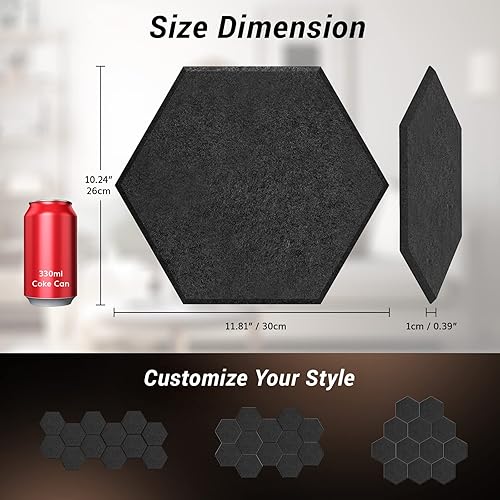Miniatura 5 de Paquete de 12 paneles acústicos hexagonales, TONOR 12" x 10" x 0.4" paneles insonorizantes de alta densidad para paredes, panel de espuma de Negro