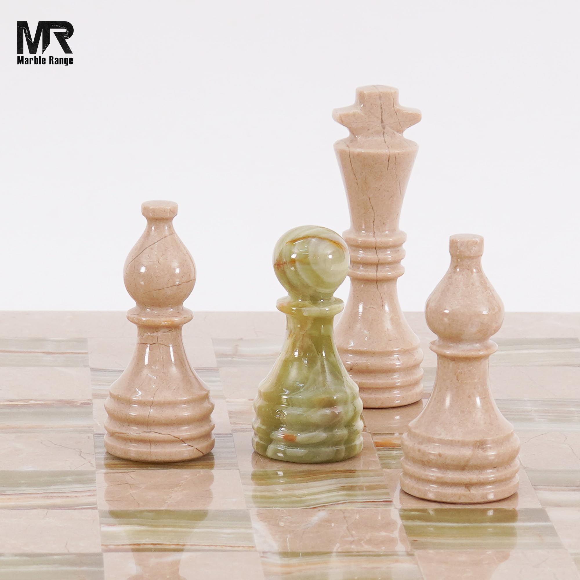 MARBLE RANGE Pezzi di scacchi in marmo Verona e verde, realizzati a mano, re da 8,9 cm, set da 32 pezzi, ideali per scacchiere e scacchi da viaggio