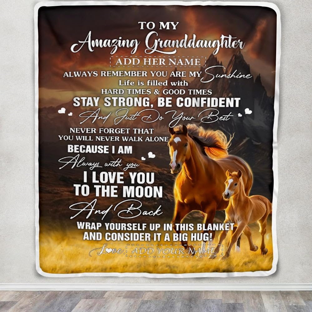 Personalized to My Amazing Granddaughter Blanket from Grandma Grandpa Horse It A Big Hug Granddaughter Birthday Gifts Graduation Christmas Fleece Blanket (50 x 60 in Youth Size)