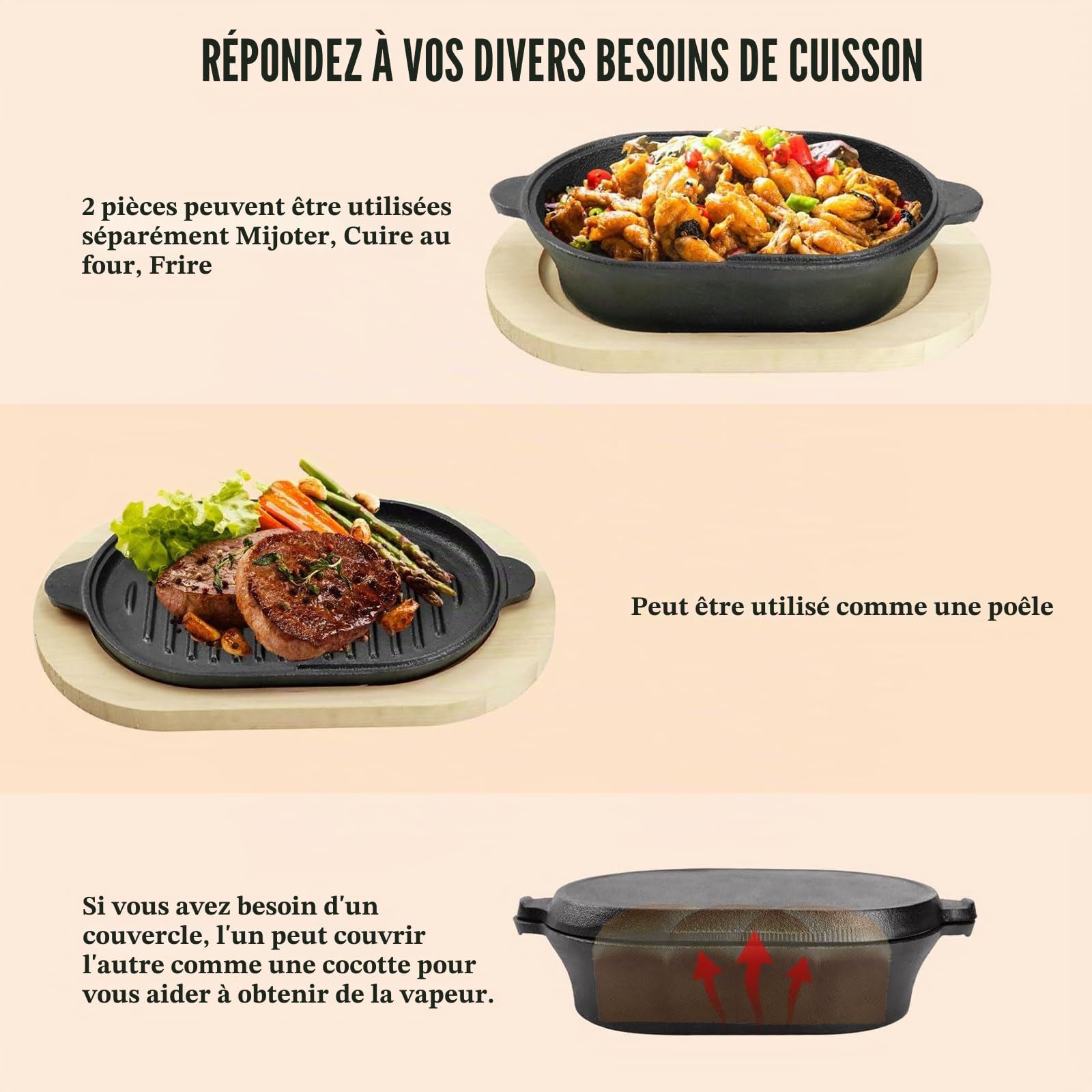 Casserole 2 en 1 en Fonte Ovale 28 cm - Pour Cuisson à la Vapeur, Grill, Soupes et Pain - Four avec Couvercle Intégré
