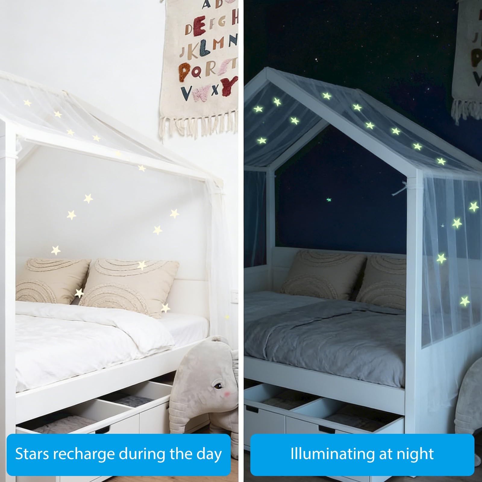 Letto a cielo con stelle luminose, letto a baldacchino, per cameretta dei bambini, idea regalo per ragazze/ragazzo, 135 x 420 cm, decorazione letto a baldacchino con stelle luminose