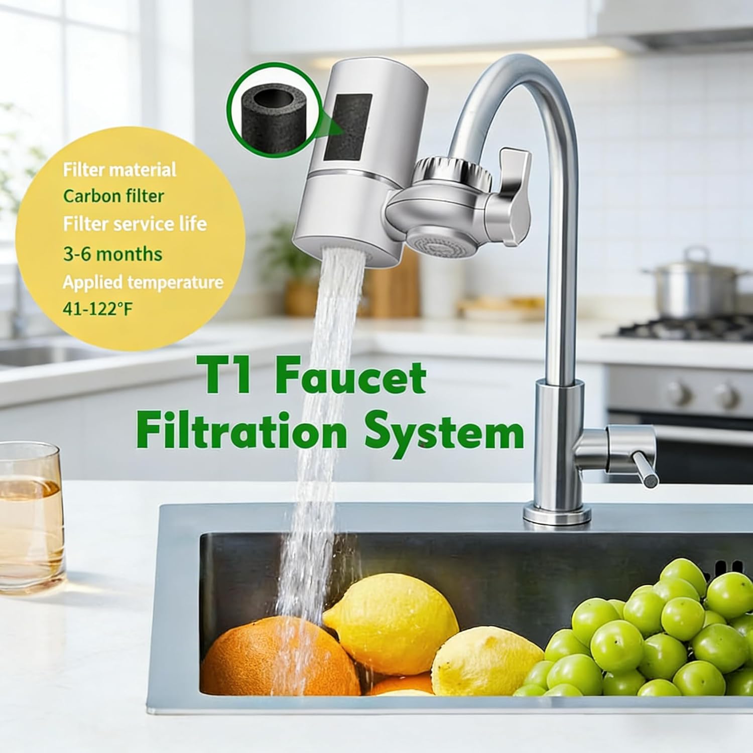 Vortopt Faucet Filter,NSF Certified,400 Gallon High Efficiency Water Purification System, Fast 99% Chlorine & Odor Removal,Modern Simple Silver with 1 Water Filter（T1-Silver）