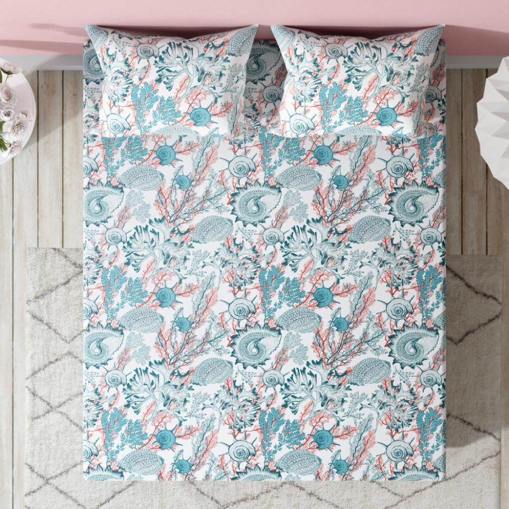 Wakefit Cotton Flat Bedsheet | 200 TC Bedsheet for Double Size Bed with 2 Pillow Covers | Aquatic - 100x90 inches