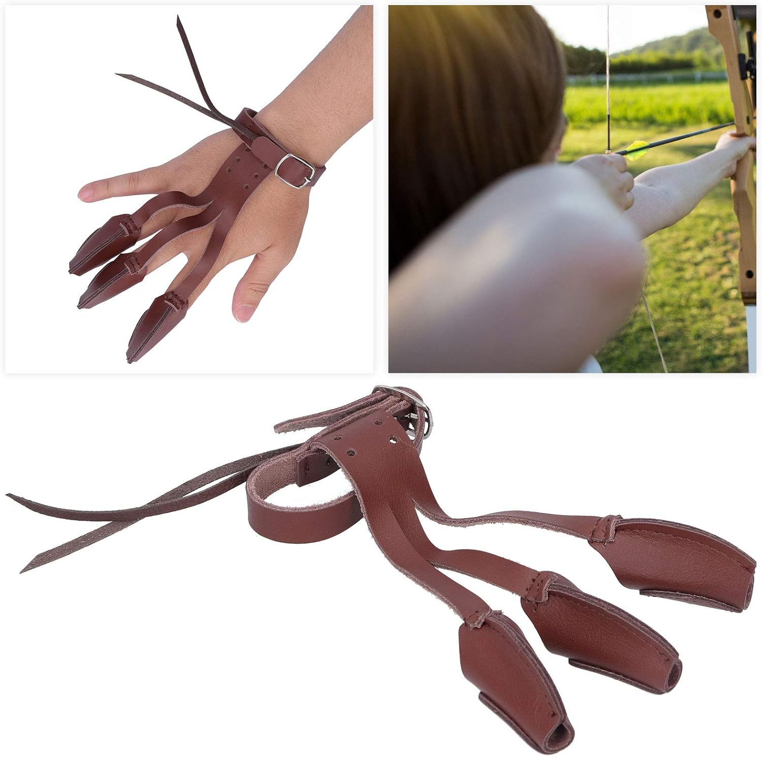 Rodipu Archery Glove, Wear‑Resistant Adjustable Thicken Practical with Buckle Hunting Three Fingers Glove, for Men Women Archery Training Hunting