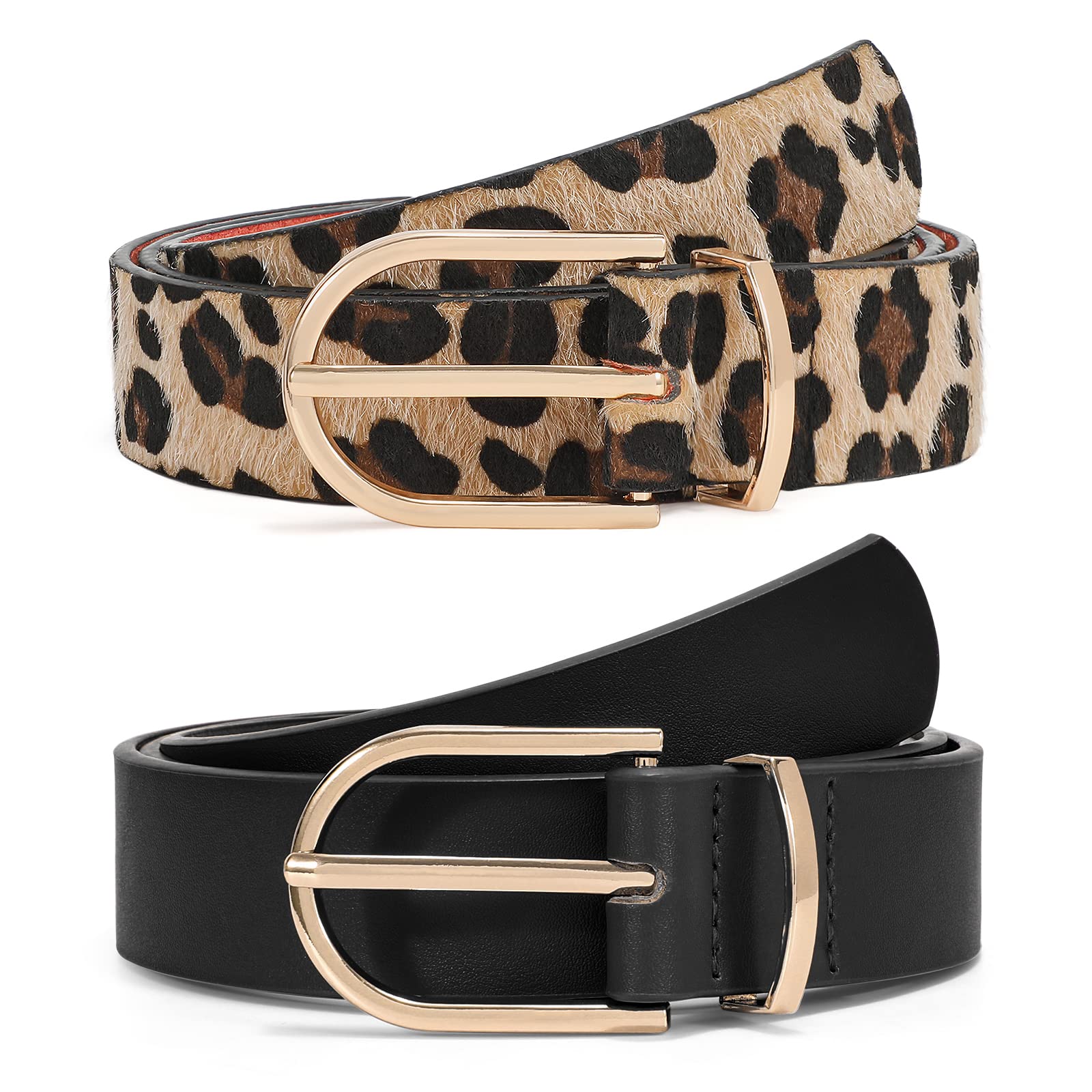 JASGOOD 2 Pack Women's Leather Belts for Jeans Fashion Ladies Belt for Dresses Gold Buckle Waist Belt