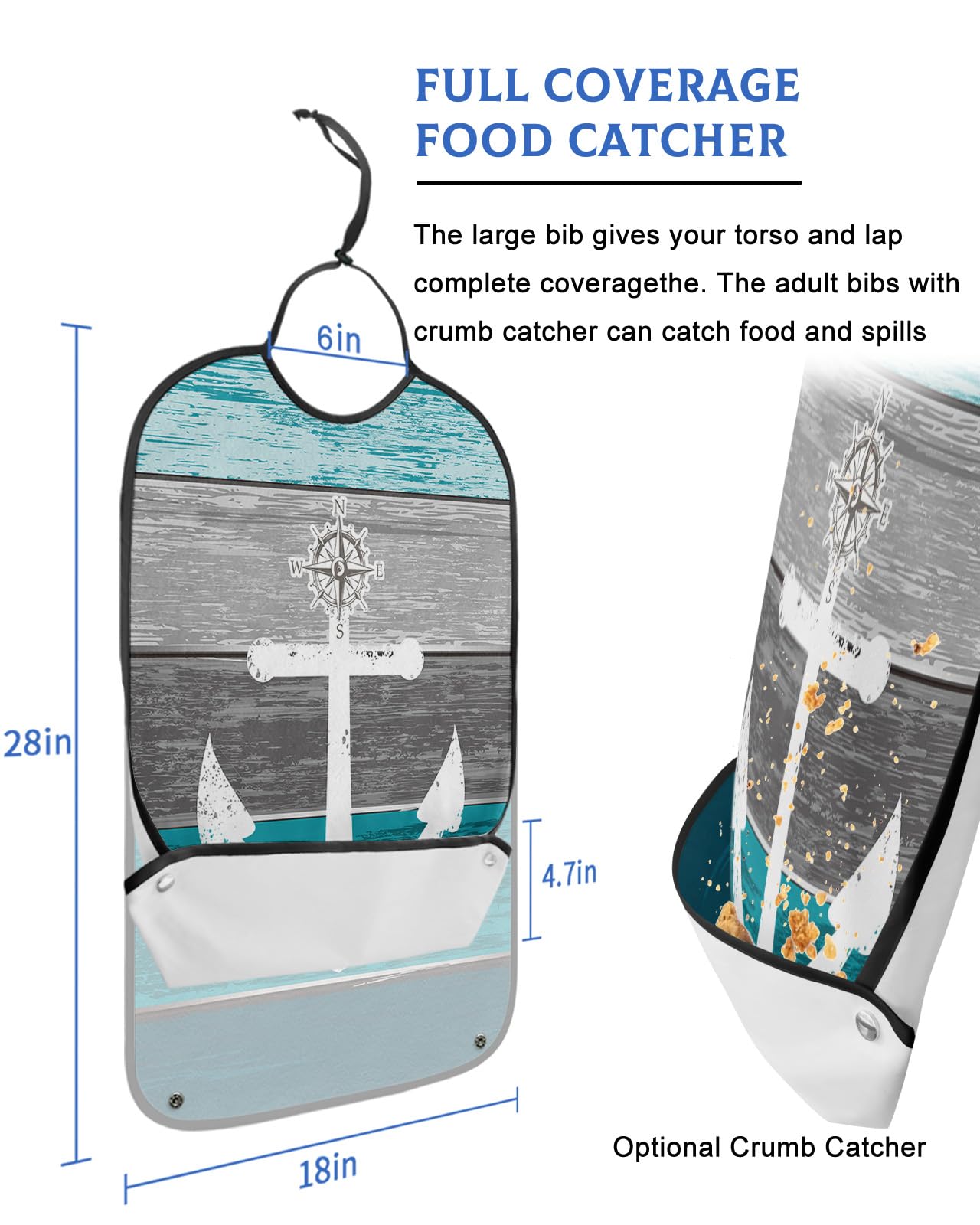 Turquoise Grey Ombre Wood Adult Bibs for Eating, Waterproof Bibs with Food Catcher & Adjustable Snap Closure, Beach Nautical Anchor Ocean Coastal Clothing Protectors Adult Bibs for Elderly Women/Men