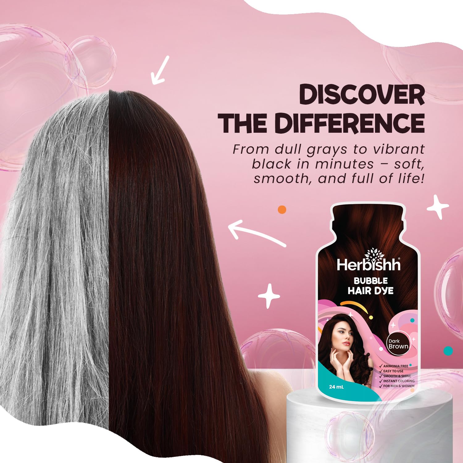 Herbishh Bubble Foam Hair Dye Shampoo, 3 in 1 Dye for 100% Grey Coverage, Permanent Hair Coloring for Men & Women, Long-lasting & Travel-friendly, Ammonia-free, 10 Sachet x 24 ml (Dark Brown)