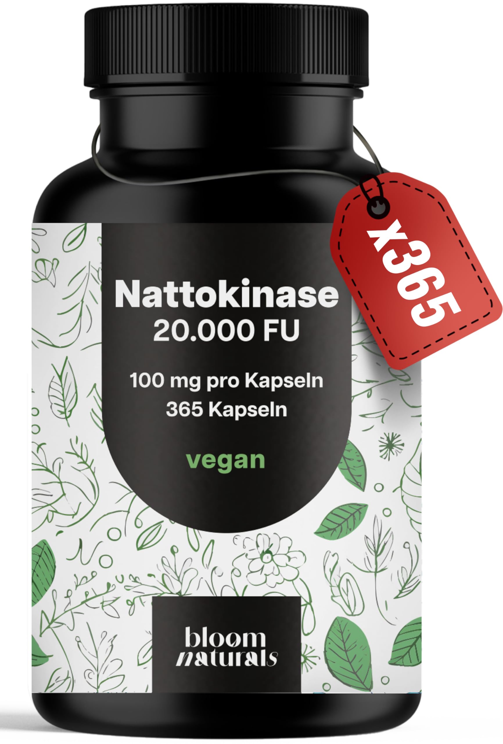 Nattokinase hochdosiert - 365 Kapseln - 20.000 FU pro Tagesdosis, vegan & produziert in Deutschland - Verpackung kann variieren Laborgeprüft