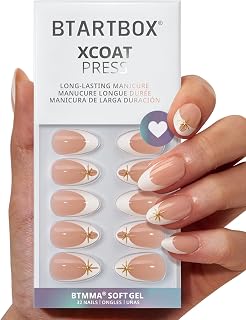 BTArtbox Press On Nails Short - Starlight Frost, 3D Gold French Tip Press On Nails with Glue and Adhesive Tabs for Women in 16 Sizes - 32 Soft Gel Glue On Nails Kit