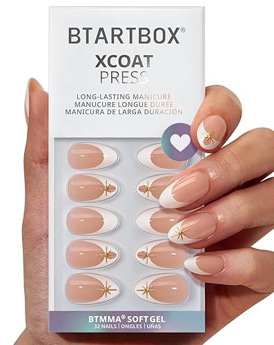 BTArtbox Press On Nails Short - Starlight Frost, 3D Gold French Tip Press On Nails with Glue and Adhesive Tabs for Women in 16 Sizes - 32 Soft Gel Glue On Nails Kit