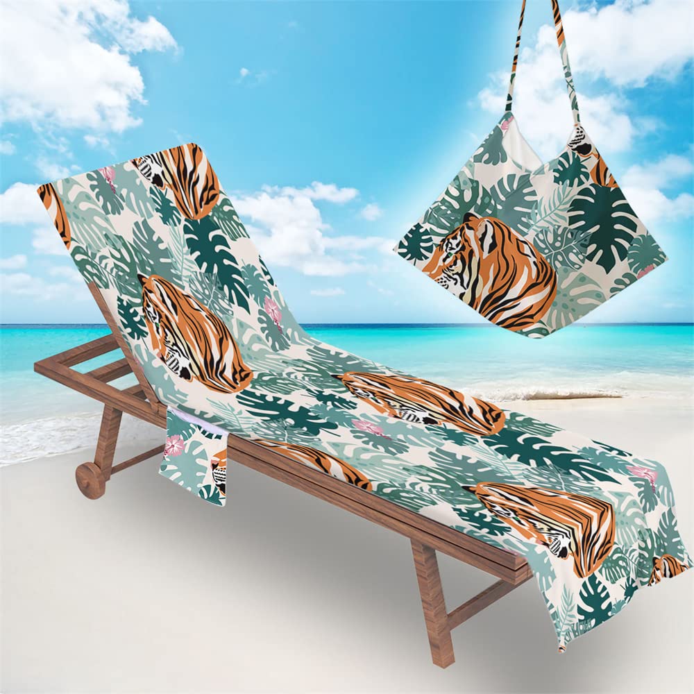 RRrawgff Beach Chair Cover Towel Classic Argyle Diamond Check Beach Towel Lounger Bags with Pockets, Fitted Microfiber Sunbed Towels Summer Outdoor Sun Lounger Towels (73x210cm,Tropical Leaves)
