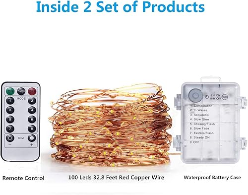 Miniatura 6 de TingMiao Guirnalda de luces de hadas funciona con pilas con temporizador de control remoto, 33 pies, 100 LED, impermeable, 8 modos, cable de cobre,