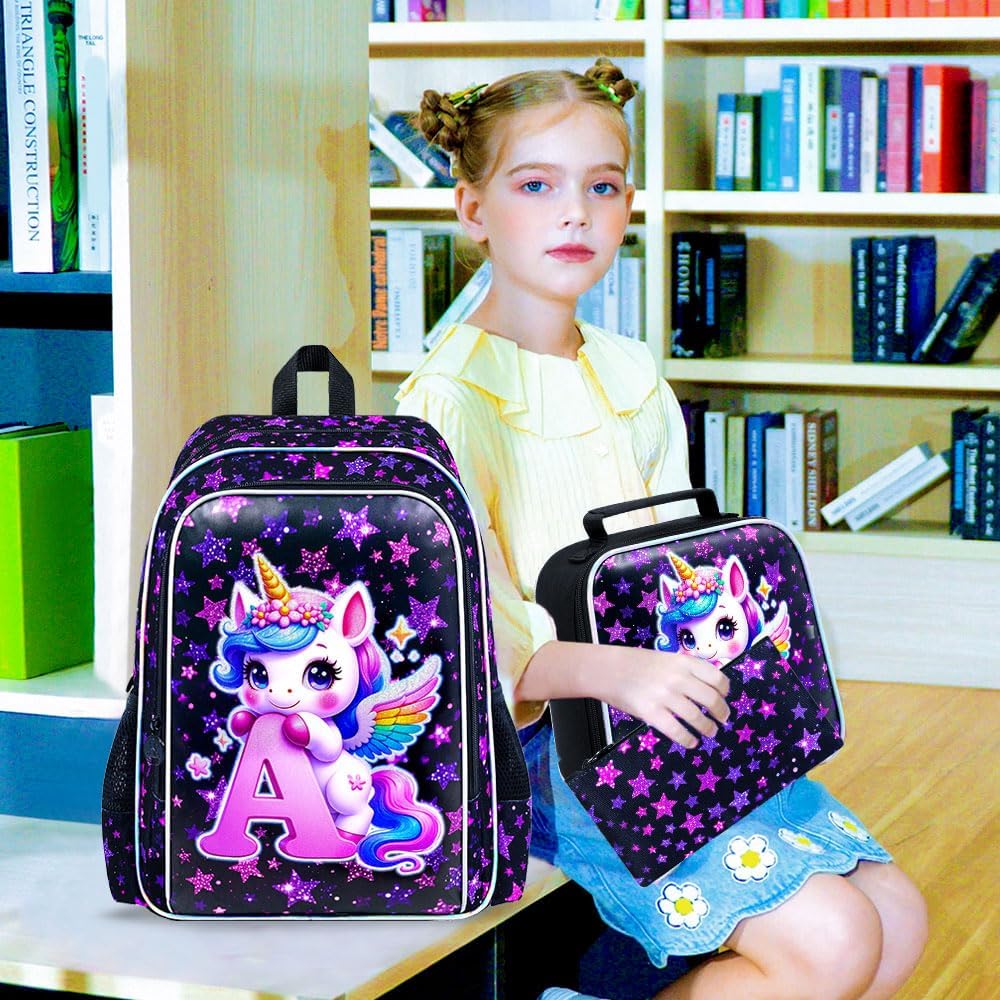 CCJPX 3Pcs Unicorn Backpack, 16” Girls Bookbag with Lunch Box, Kids Water Resistant Elementary School Bag for Kindergarten Preschool Toddler (Black)