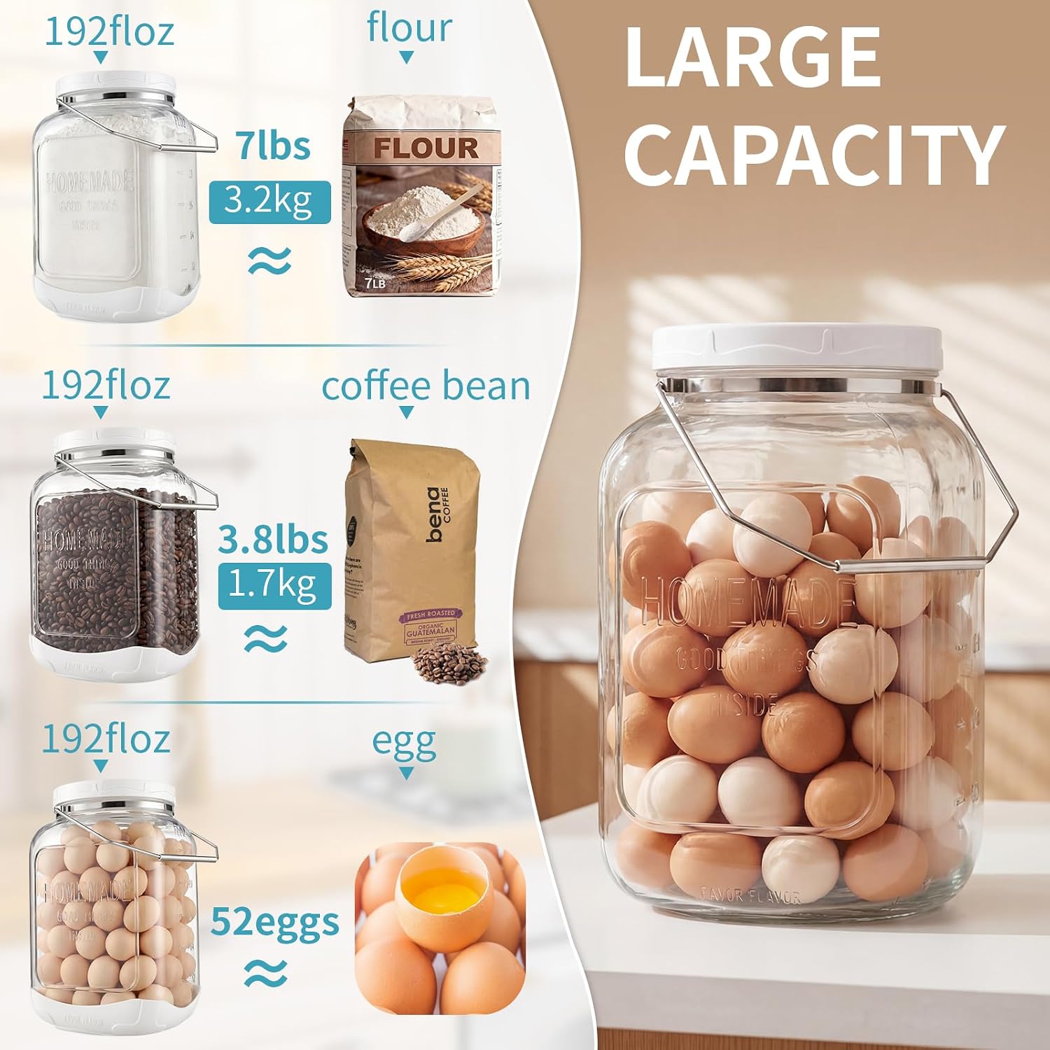 FavorFlavor Glass Jar with Airtight Lid: 2 Pack 1.5 Gallon Wide Mouth Mason Jars with Handles & Non-slip Bases, Large Food Storage Containers with 2 Measurement Mark for Kitchen, Flour, Candy, Cookie