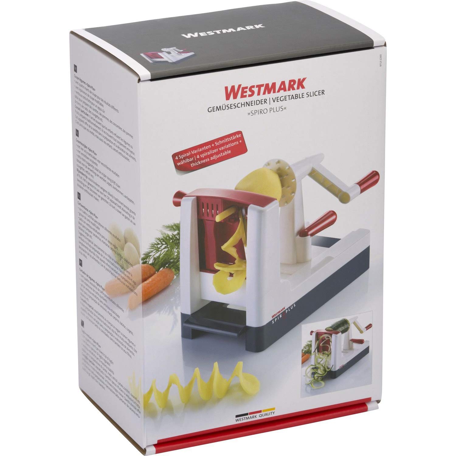 Westmark Affetta-verdure a spirale con 1 inserto per 4 varianti, Spessore regolabile, Acciaio inox/Plastica, Spiro Plus, Bianco/Grigio scuro/Rosso, 97132260