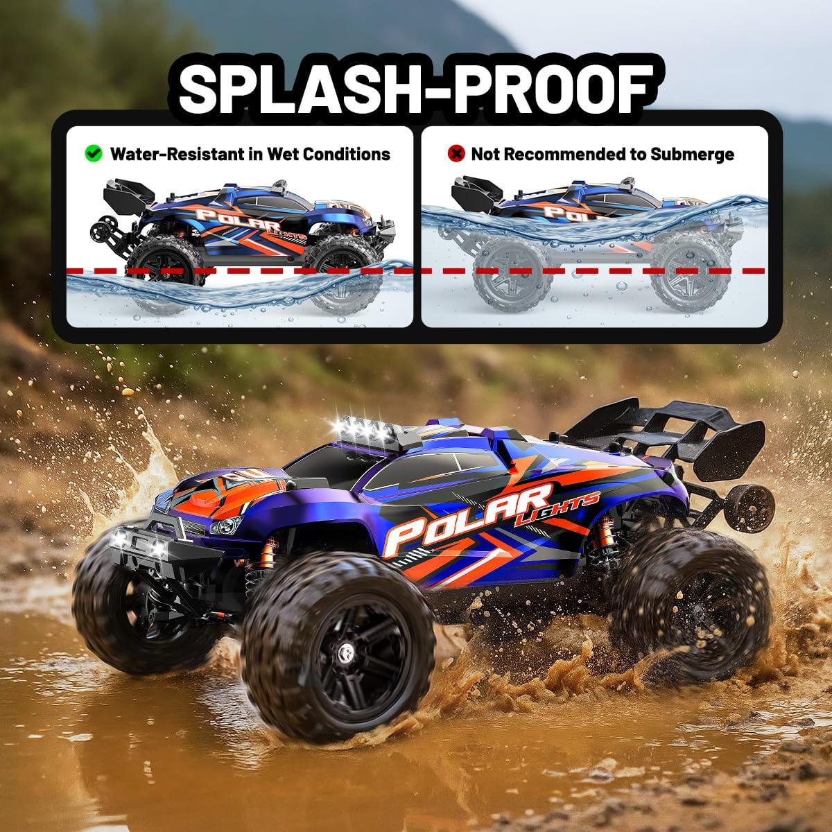 RC Cars 1:14 All Terrain Off-Road RC Truck, 4WD Fast Remote Control Car 40+ KPH, 4X4 Waterproof RC Vehicle with 2 Rechargeable 1300 mAh Batteries and 2 Sets of Tires