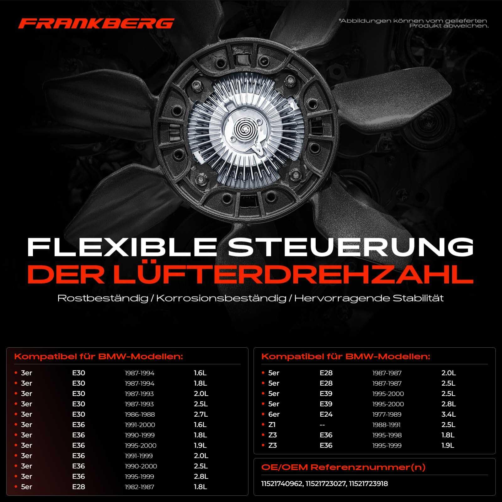 Frankberg Viscokupplung Lüfterkupplung Kühlerlüfter Kompatibel mit 3er E30 1.6L-2.7L 1982-1991 3er E36 1.6L-2.8L 1990-1998 5er E28 1.8L-3.5L 1981-1987 Replace# 11521740962