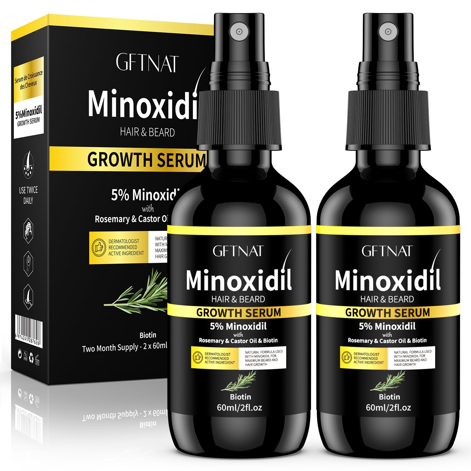 5 Minoxidil Spray for Men and Women Hair Loss Solution with Biotin and Rosemary Hair Growth Serum Glass